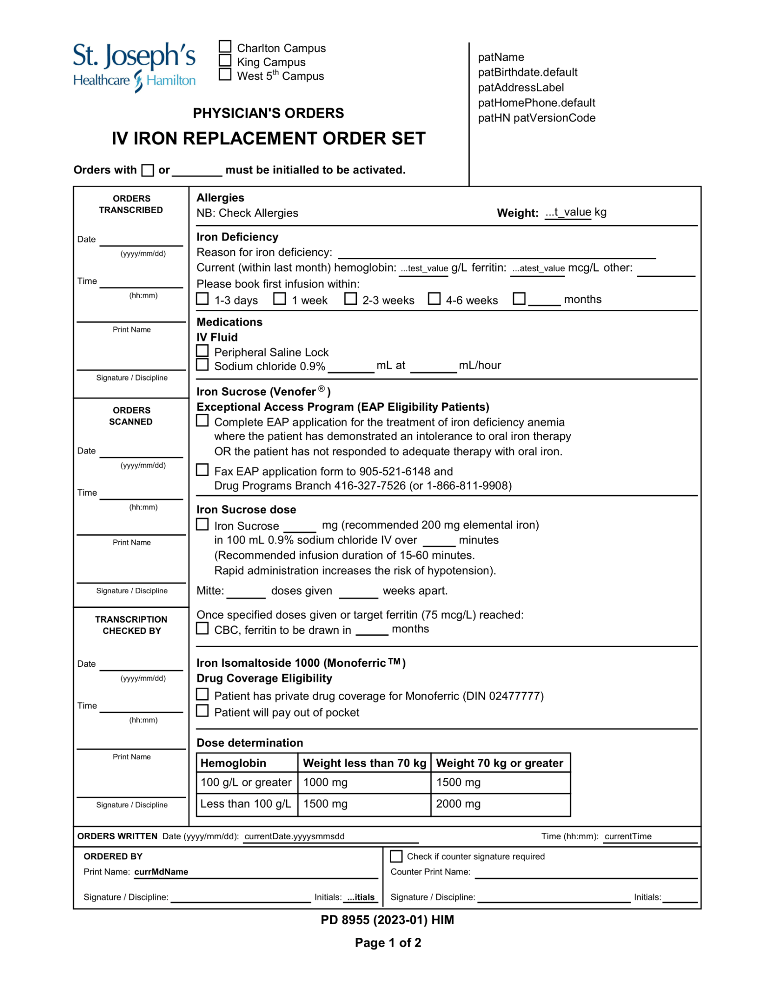 St. Joseph's Healthcare Hamilton - IV Iron Replacement Order Set ...