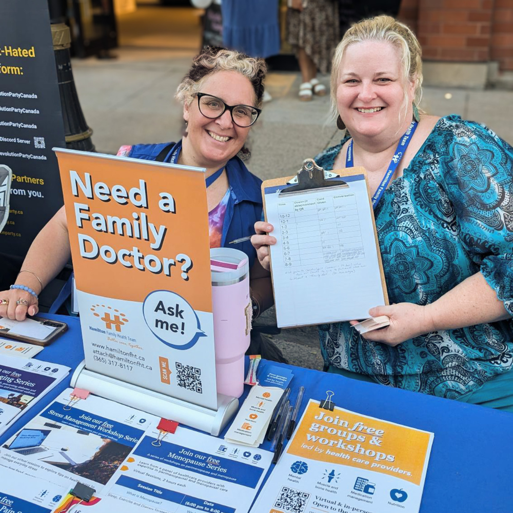 Two HFHT Staff member sit at an outreach table with a sign that says "Need a family doctor? Ask me!". One staff member is holding a sheet that tracks how many people they talked to.