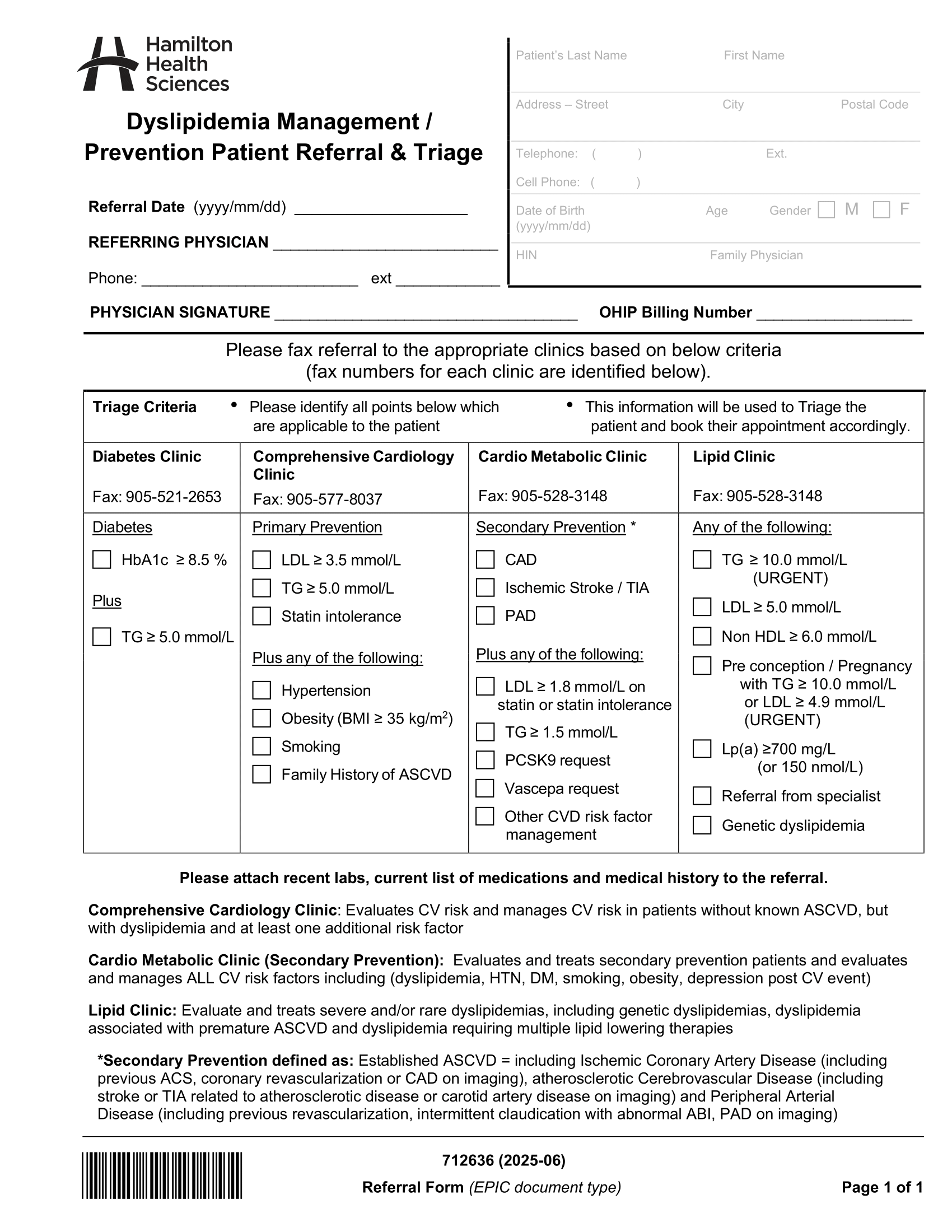 Hamilton Health Sciences – Dyslipidemia Management – Prevention and Triage