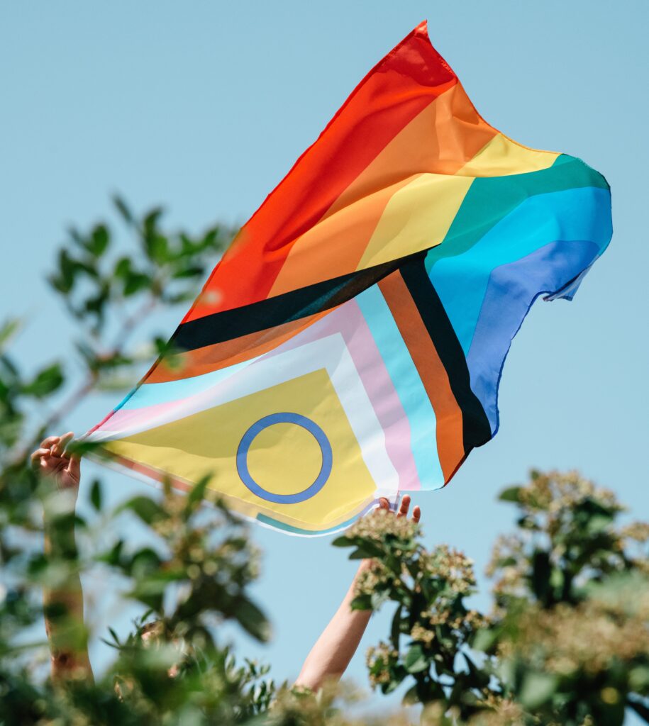 A person holds an intersex-inclusive progress pride flag