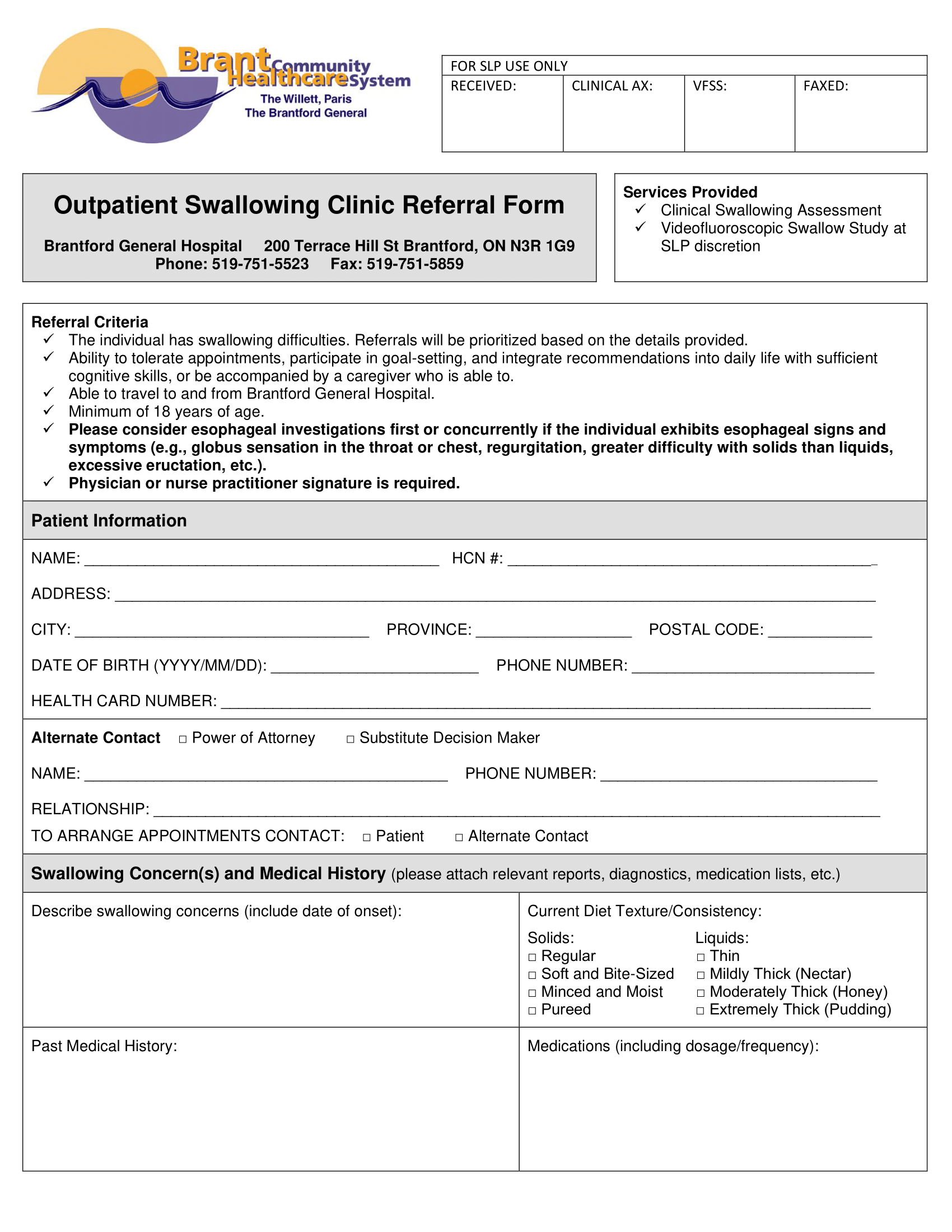 Brant Community Healthcare System – Outpatient Swallowing Clinic