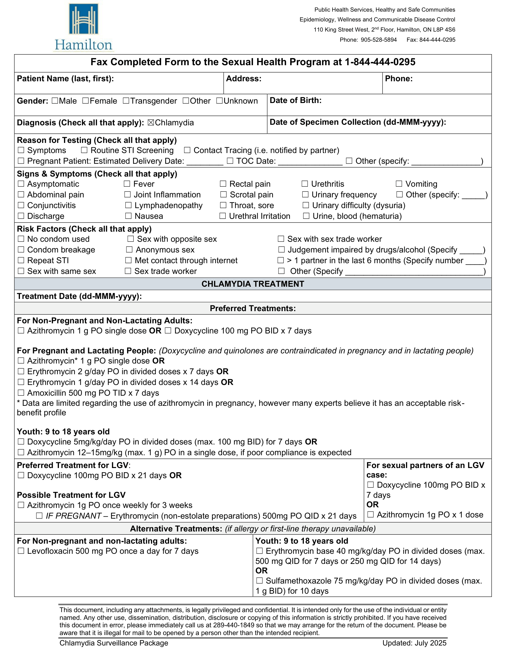 Public Health Services Hamilton &ndash; Chlamydia Surveillance Package CICW