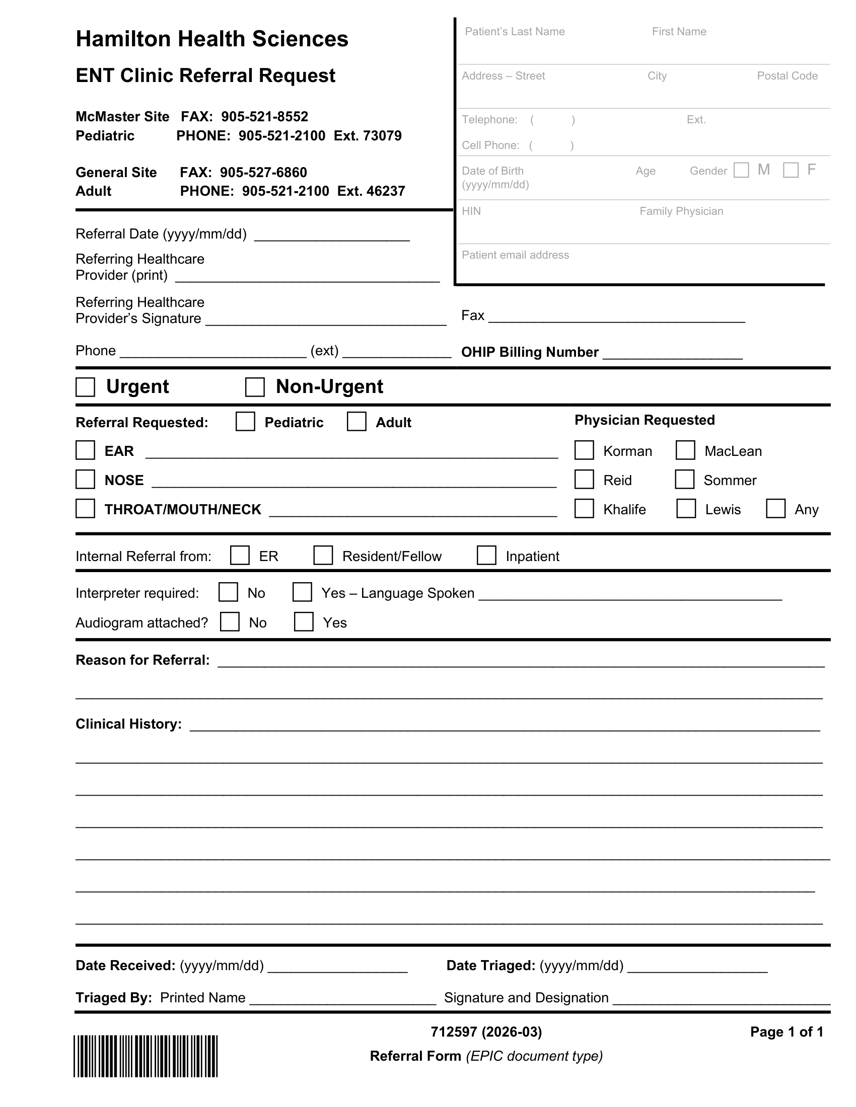 Hamilton Health Sciences &ndash; ENT Clinic Referral Form