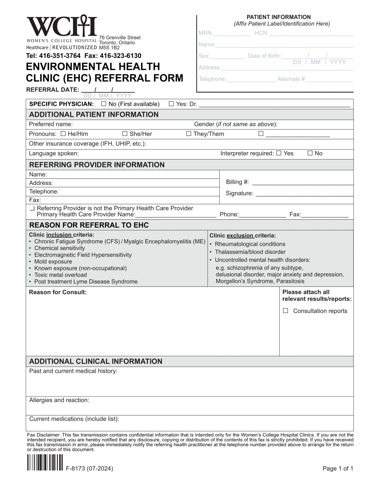 Example Ehc Form Women’s College Hospital - Environmental Health Clinic - EHC - Hamilton ...