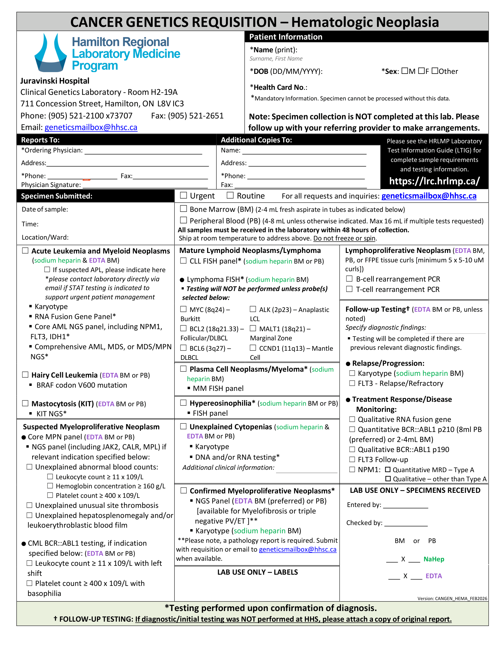 Hamilton Regional Lab &ndash; Cancer Genetics &ndash; Hematologic Neoplasia