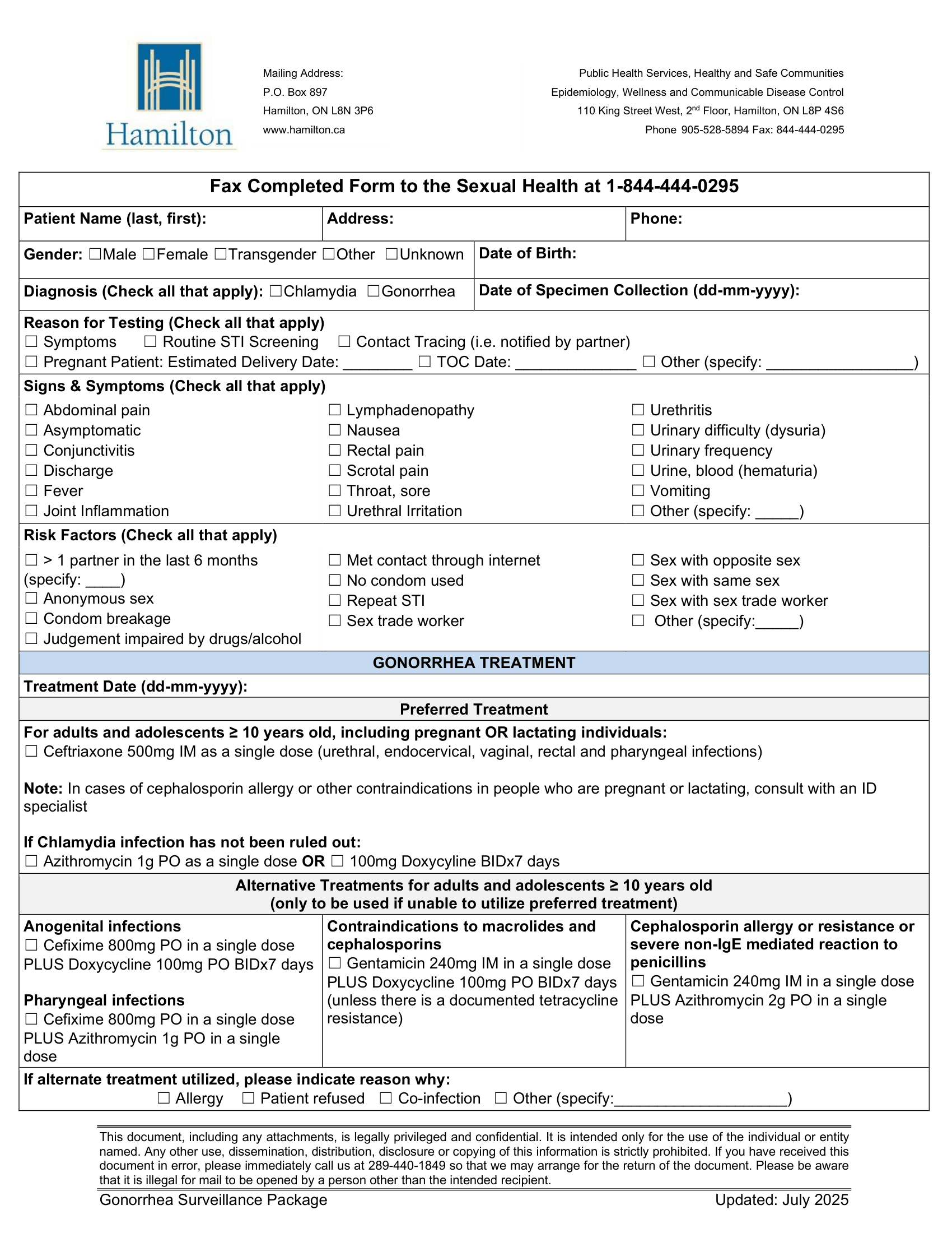 Public Health Services Hamilton &ndash; Gonorrhea Surveillance Package CICW