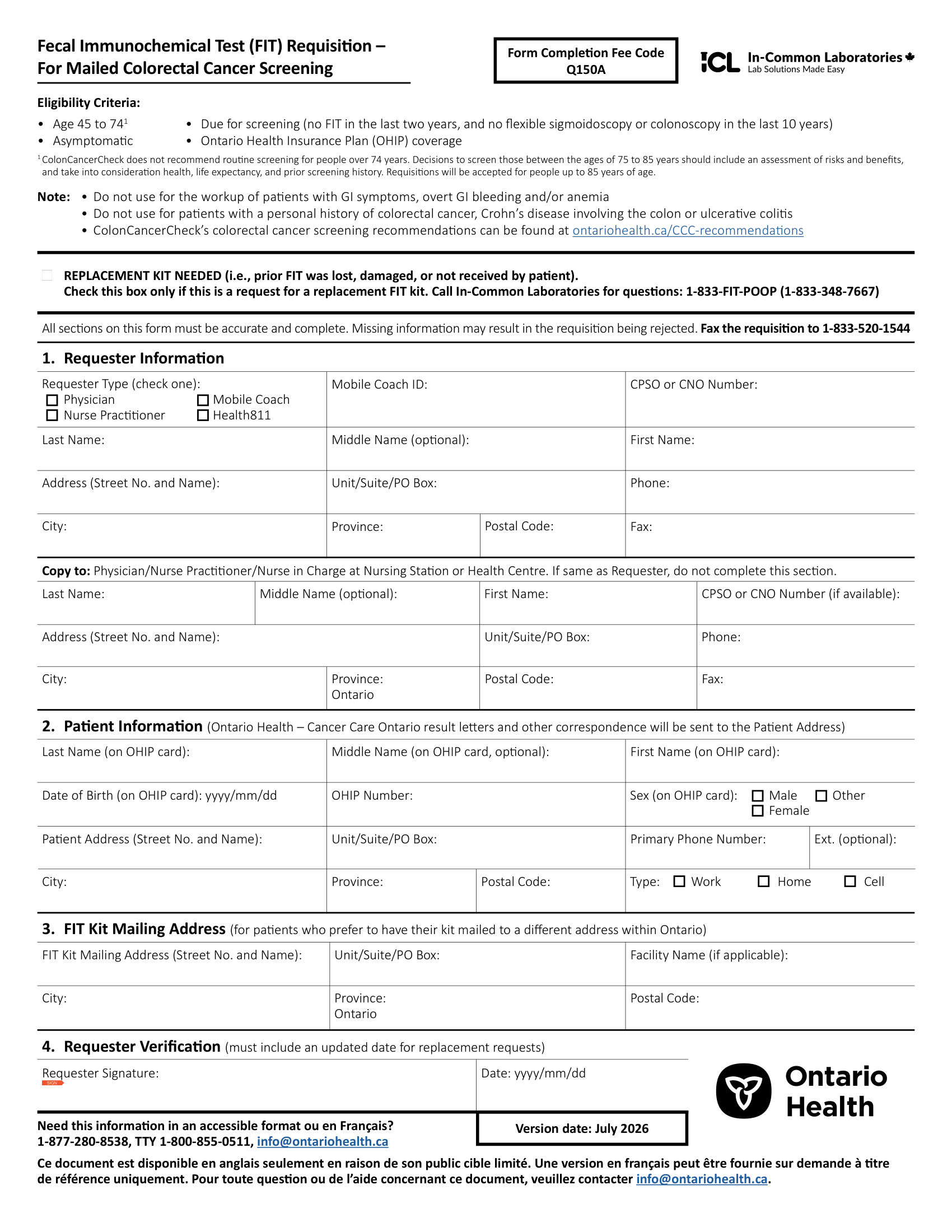 Ontario Health &ndash; FIT Requisition &ndash; Colorectal Cancer Screening