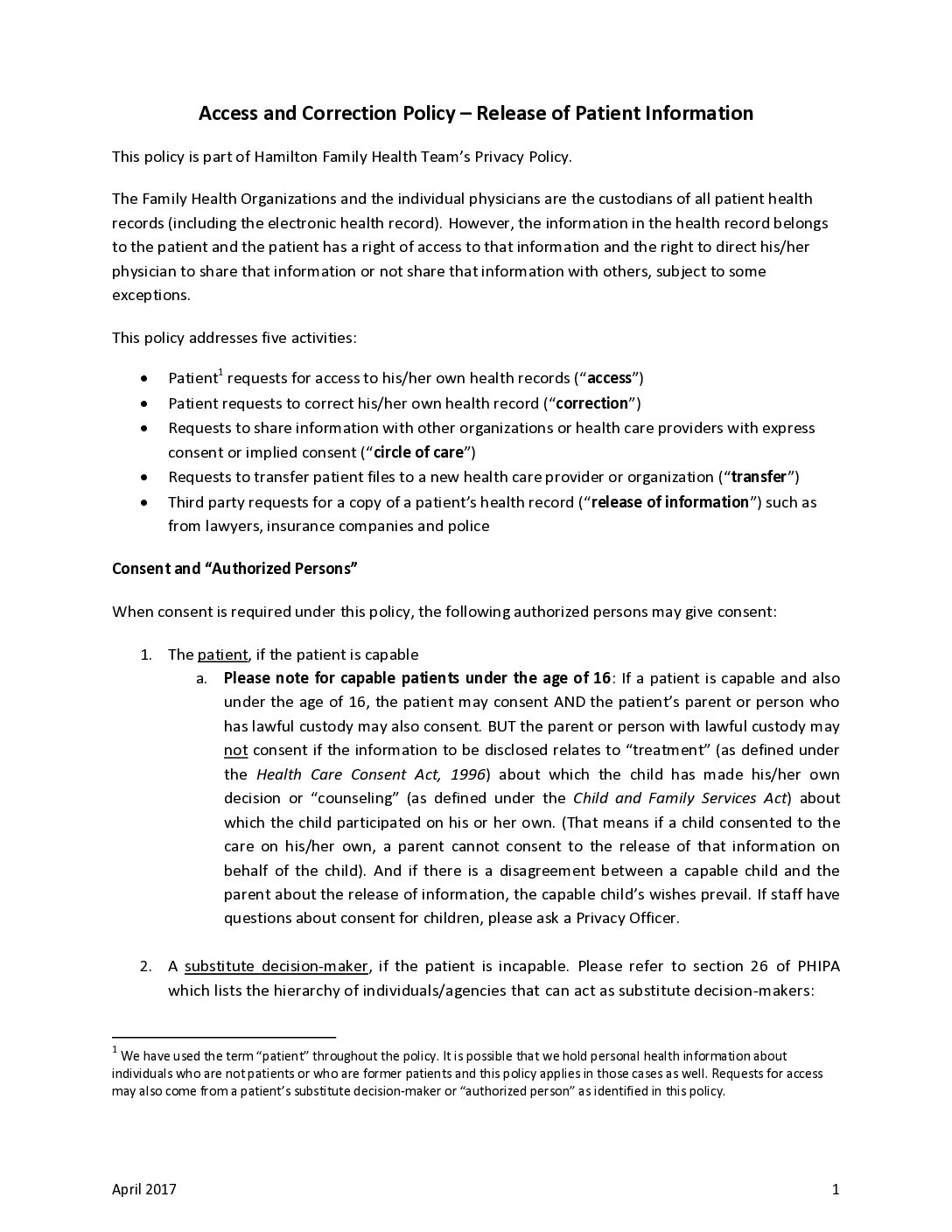 HFHT Access and Correction Policy