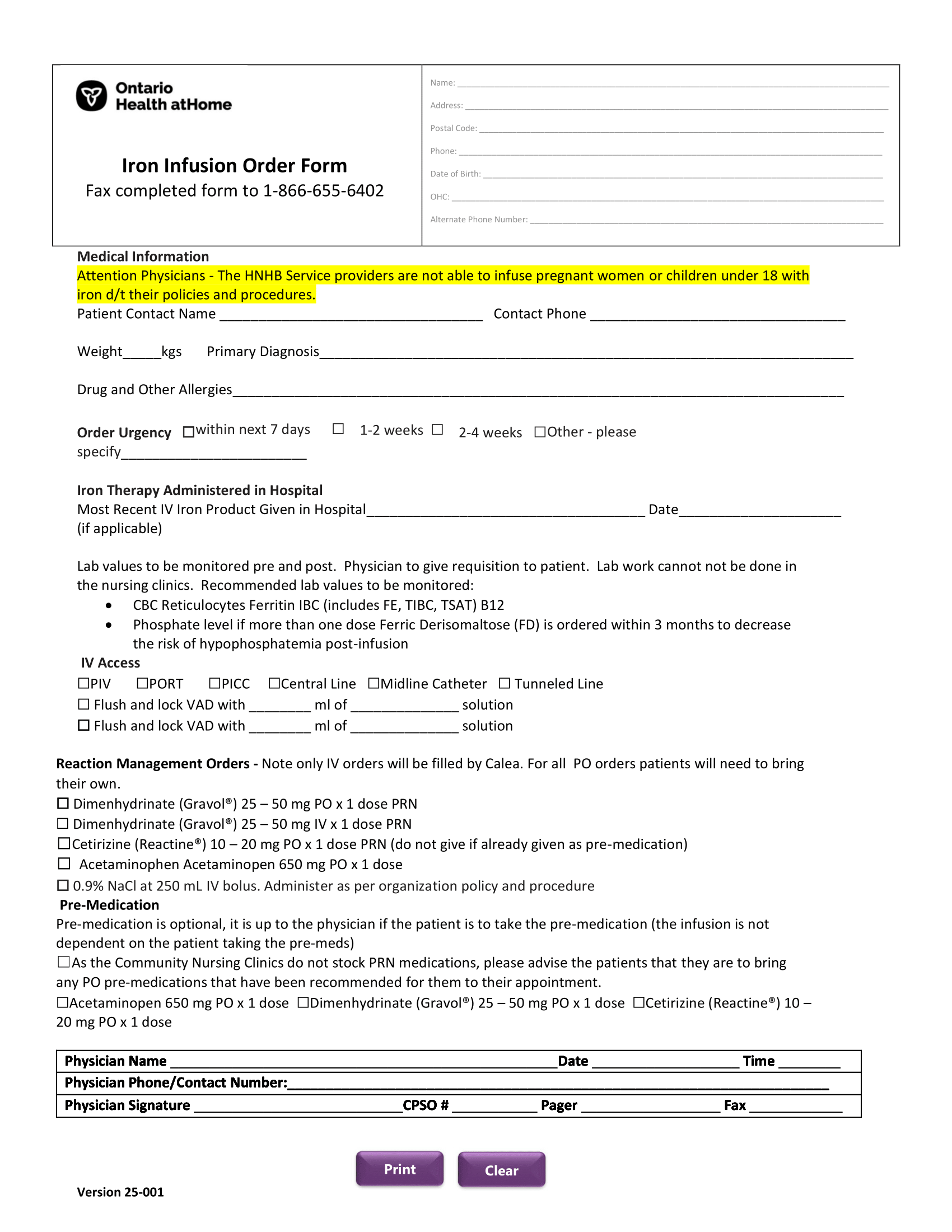 Ontario Health atHome – HNHB – Iron Infusion Order Form