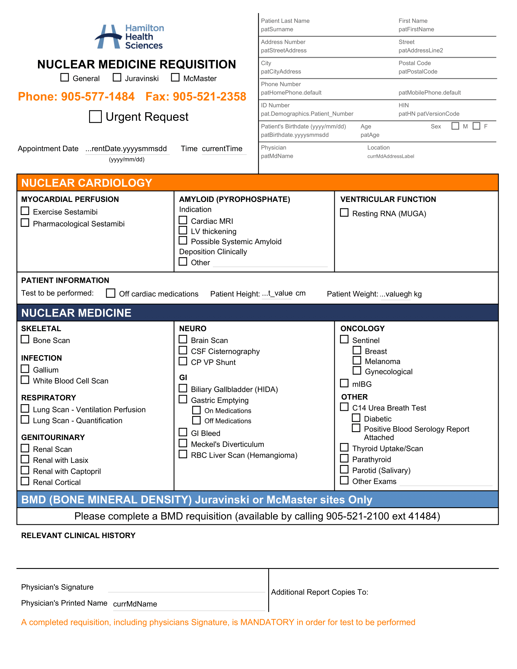 Hamilton Health Sciences – Nuclear Medicine Requisition