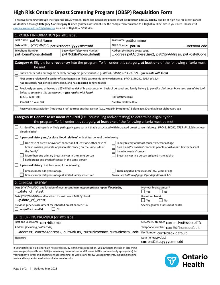Hamilton Htp Screening Methods High Risk Ontario Breast Screening Program (OBSP) Requisition ...