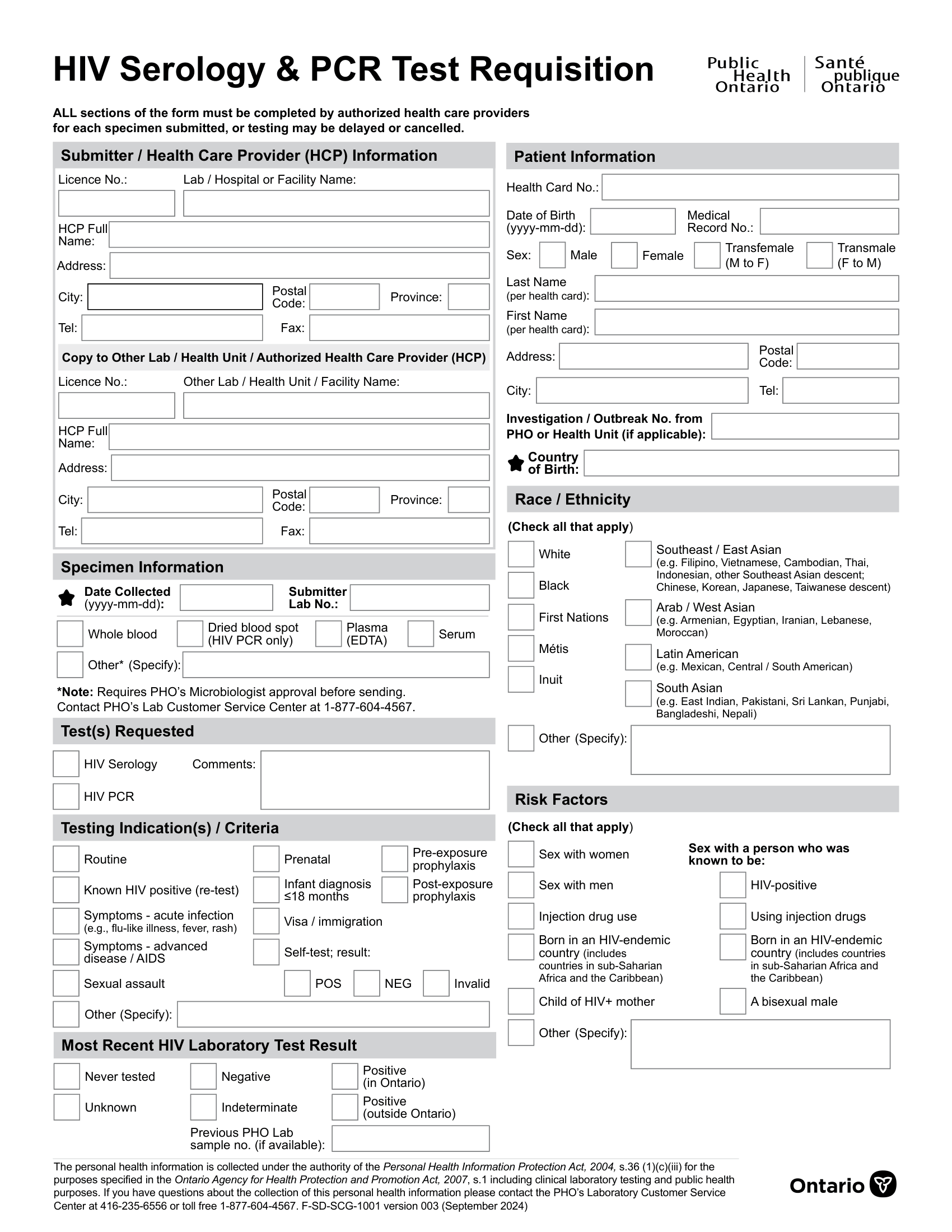 Public Health Ontario &ndash; HIV Serology and PCR Test Requisition