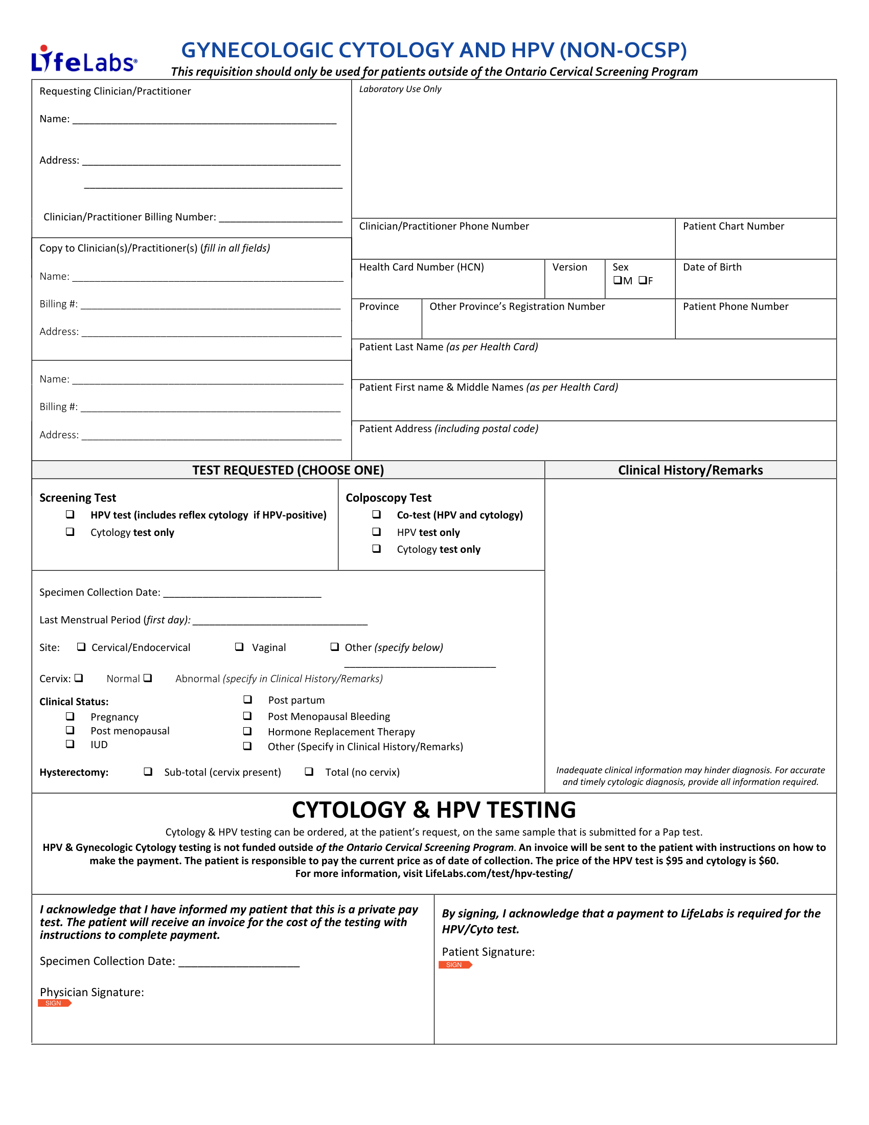 LifeLabs &ndash; Gynecologic Cytology & HPV (Non-OCSP)