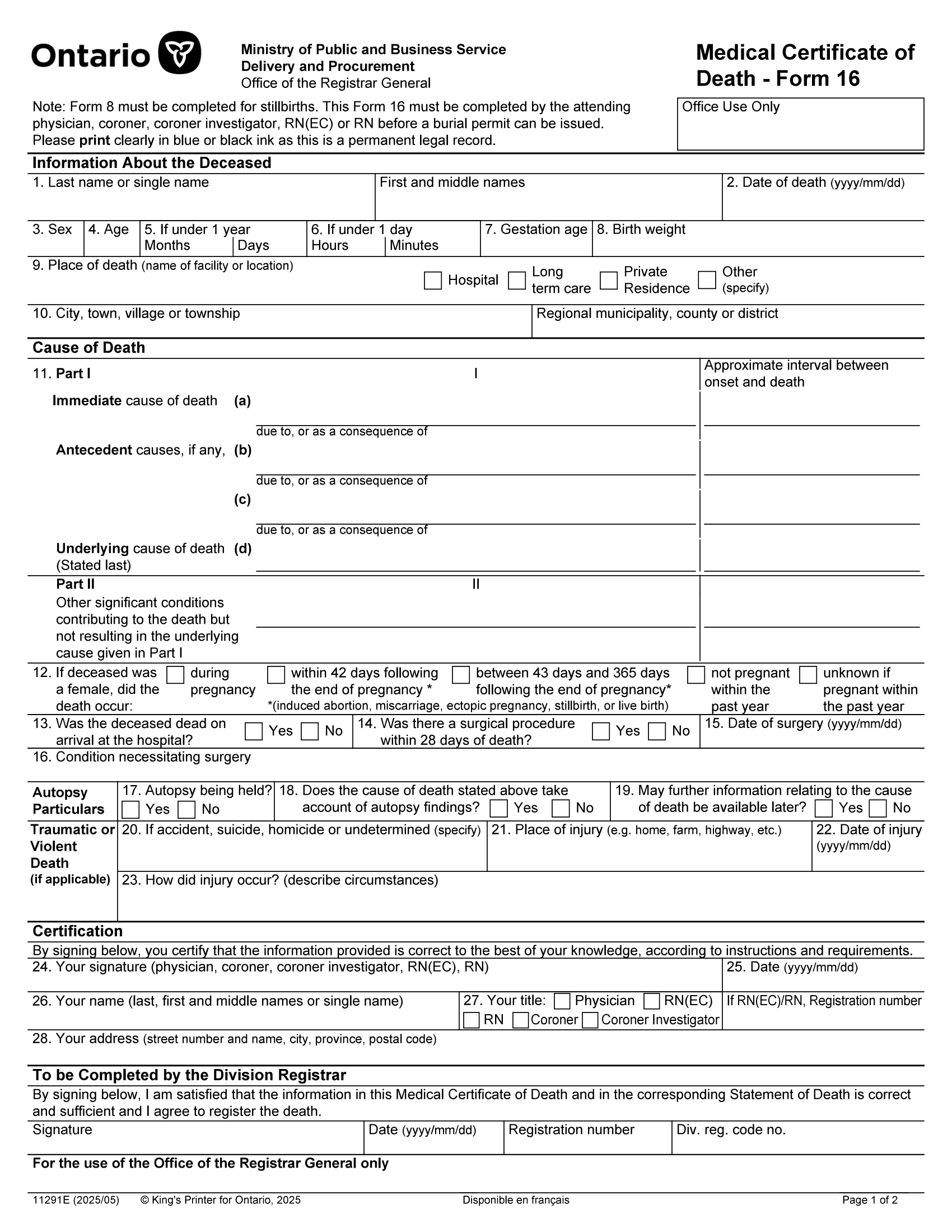 Medical Certificate of Death Form 16 (Page 1)
