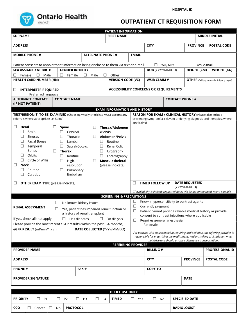 Ontario Health West – Outpatient CT Requisition Form – OSCAR
