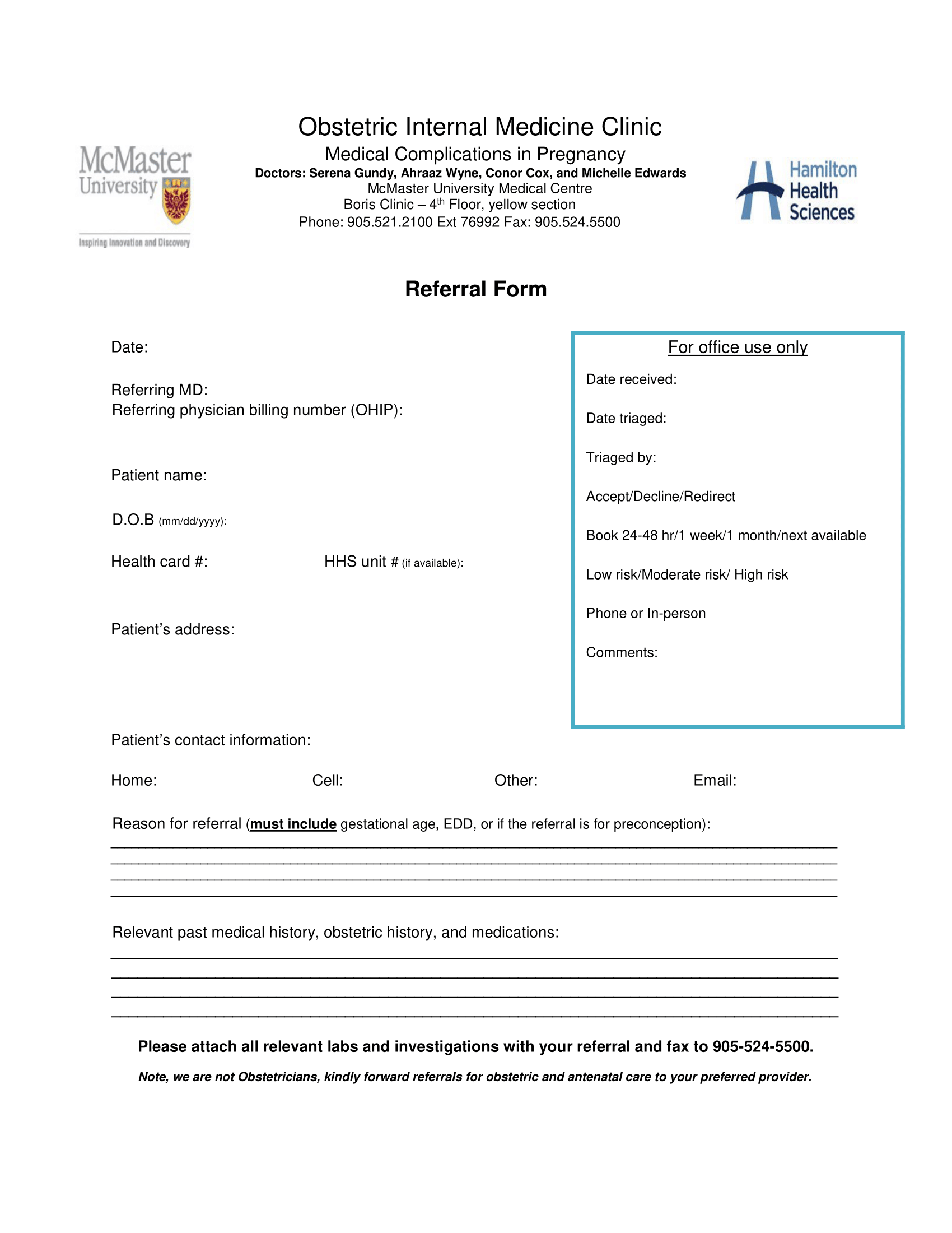 Hamilton Health Sciences – McMaster – Obstetric Medicine Referral