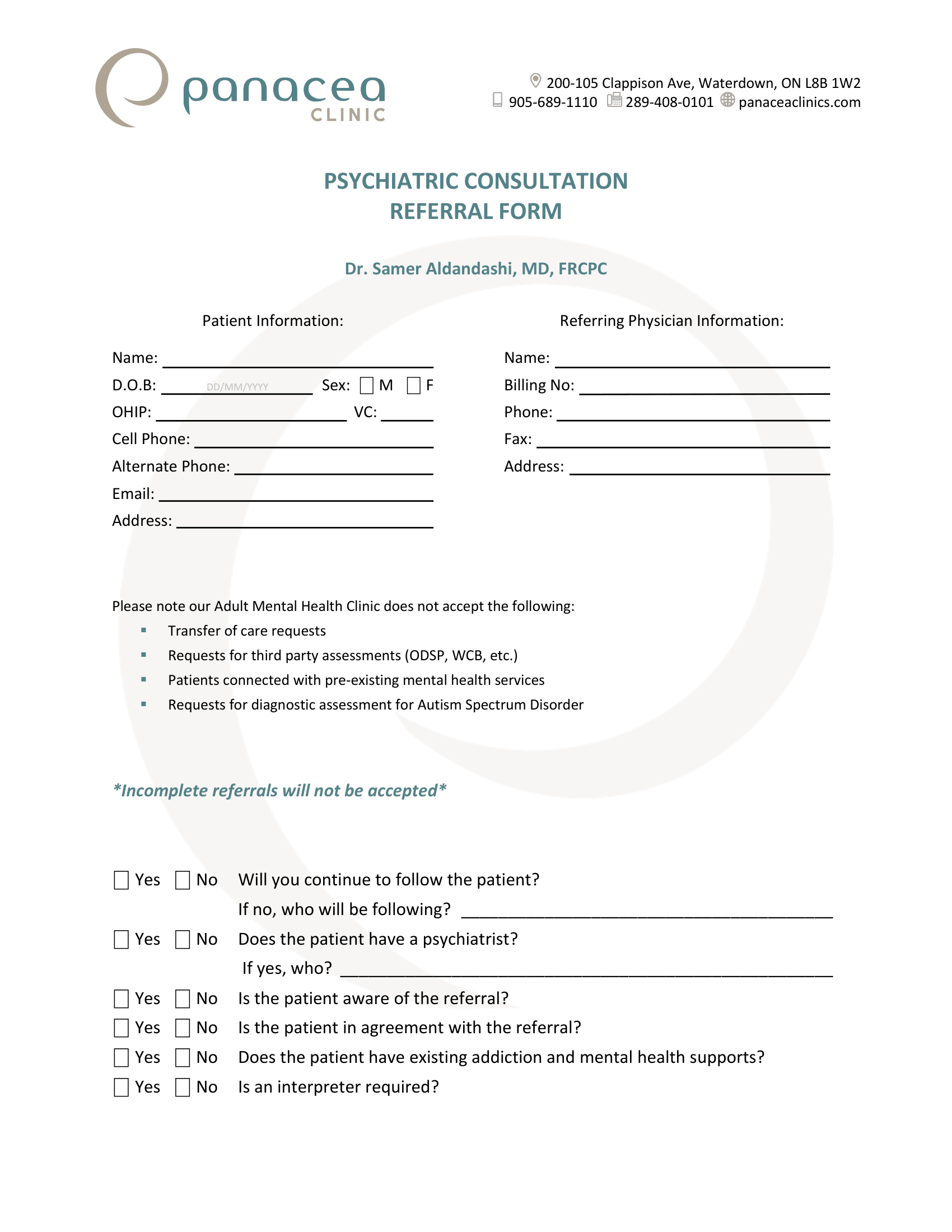 Panacea Clinic &ndash; Psychiatric Consultation Form