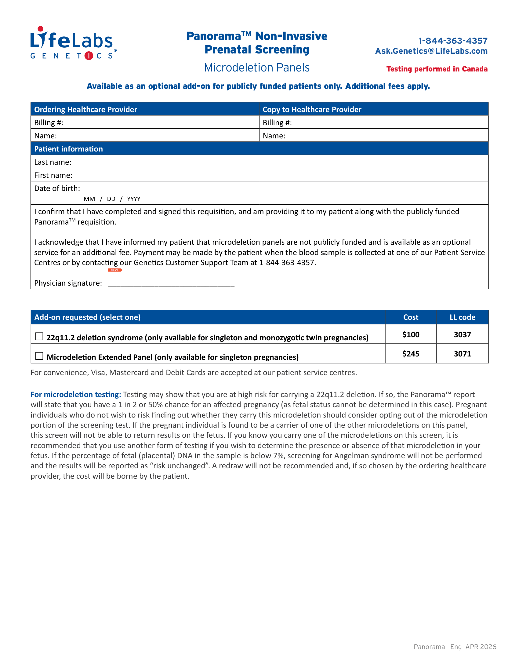 LifeLabs Genetics &ndash; Panorama Non-Invasive Microdeletion Panels