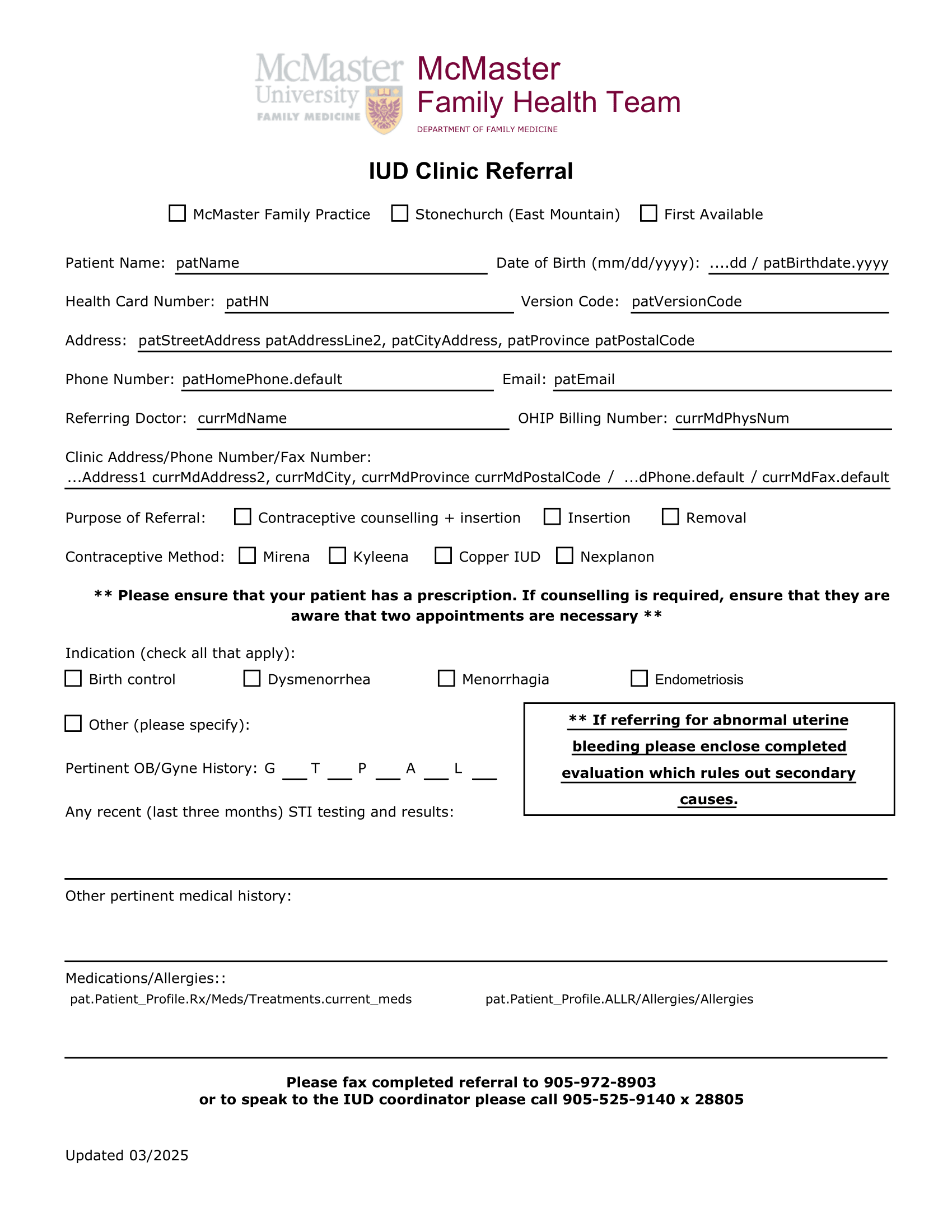 McMaster – IUD Clinic Referral Form