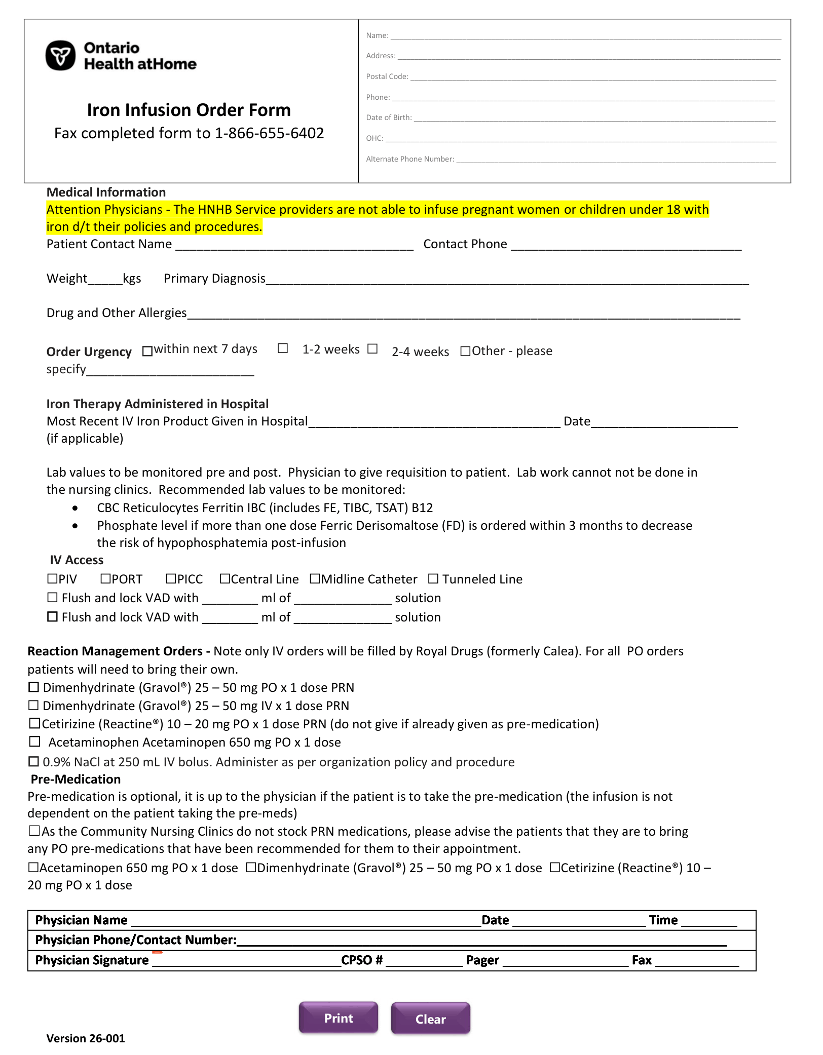 Ontario Health atHome &ndash; HNHB &ndash; Iron Infusion Order Form