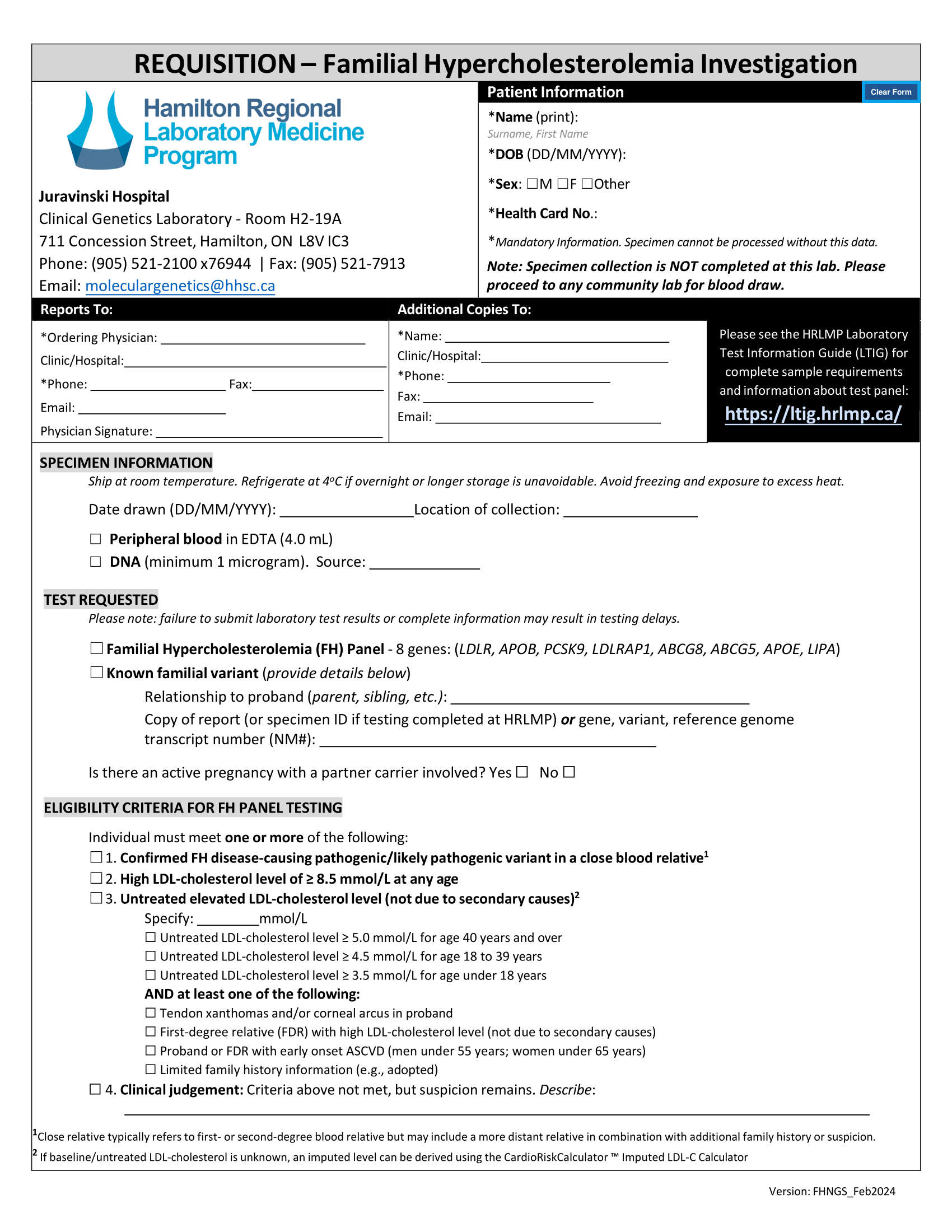 Hamilton Regional Lab – Familial Hypercholesterolemia Investigation