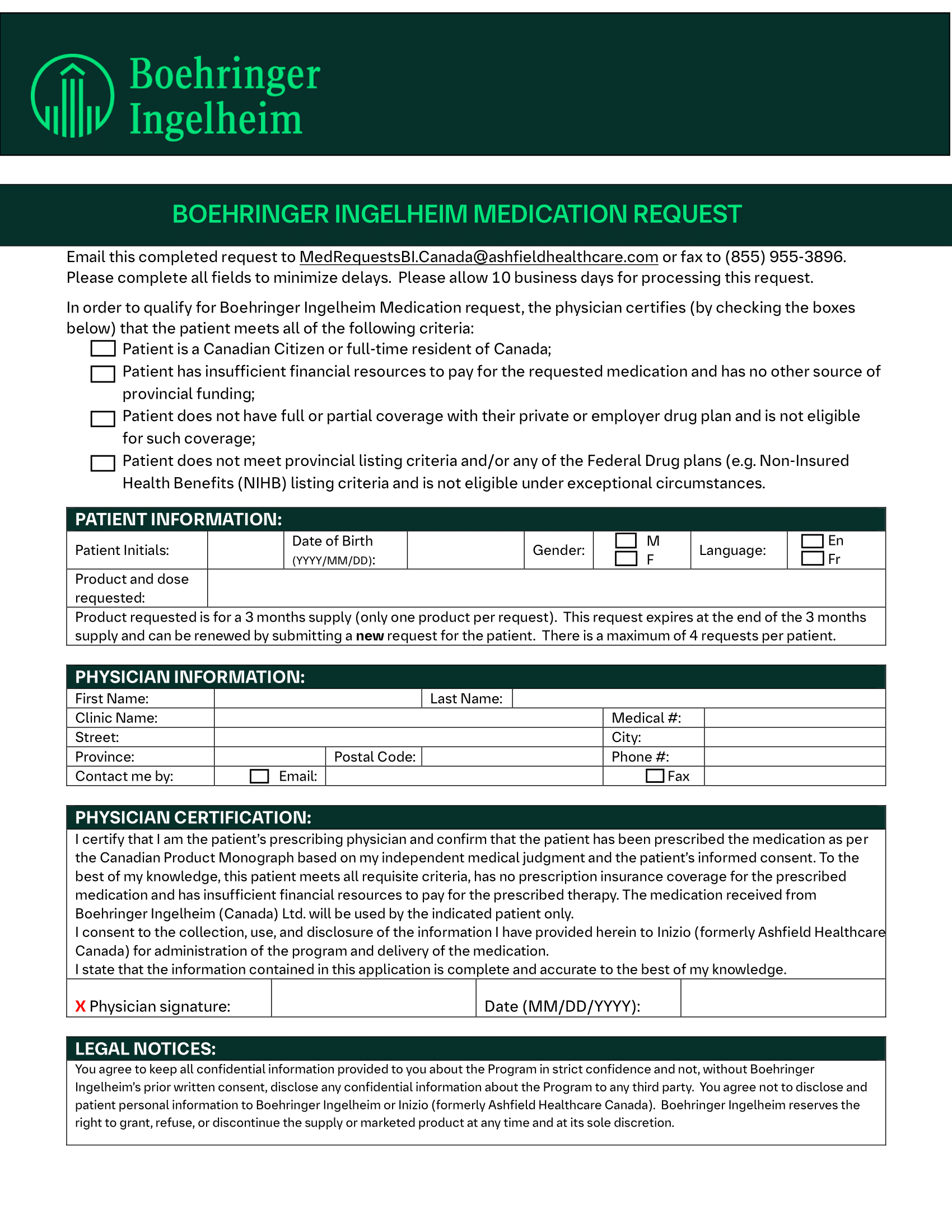 Request for Boehringer Ingelheim – Medication Form