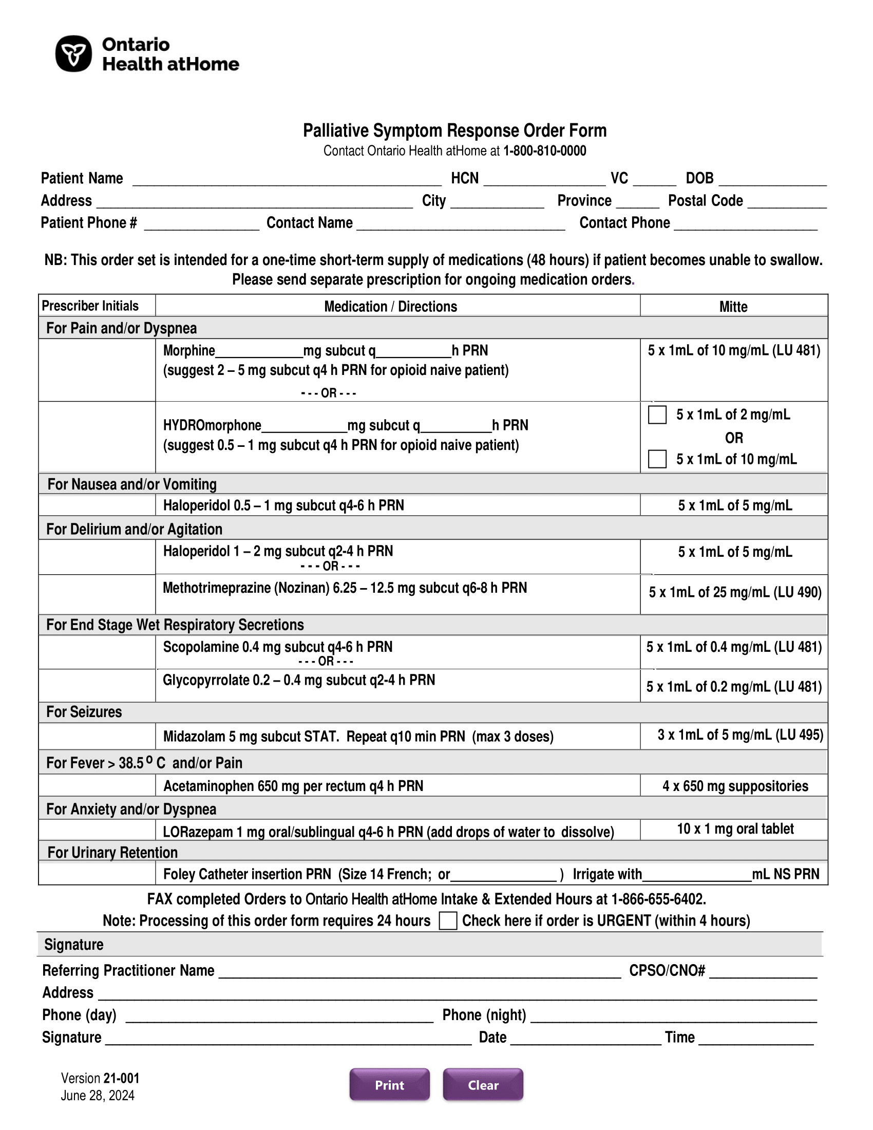 Ontario Health atHome – HNHB – Palliative Symptom Response Order Form