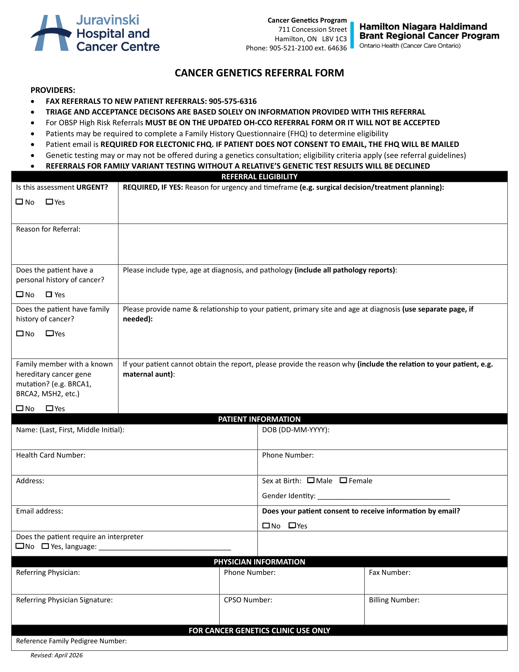Hamilton Health Sciences &ndash; Cancer Genetics Consultation