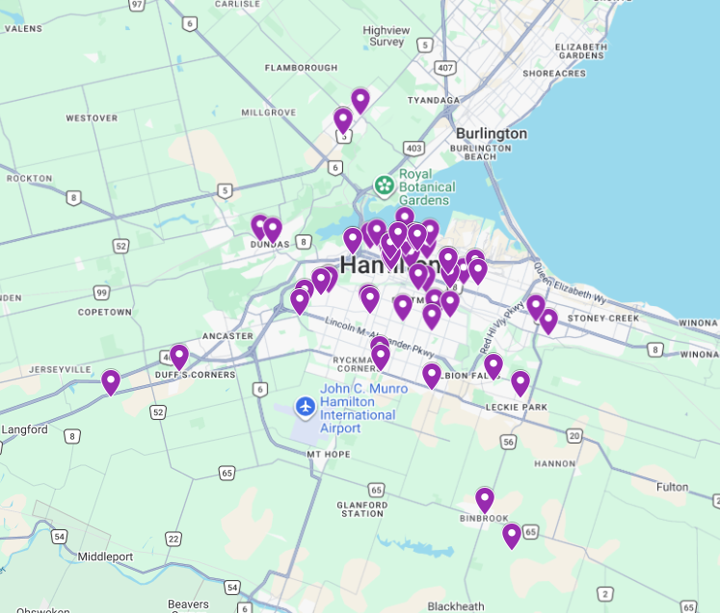 Map of locations the Hamilton Family Health Team has visited in the Greater Hamilton Area