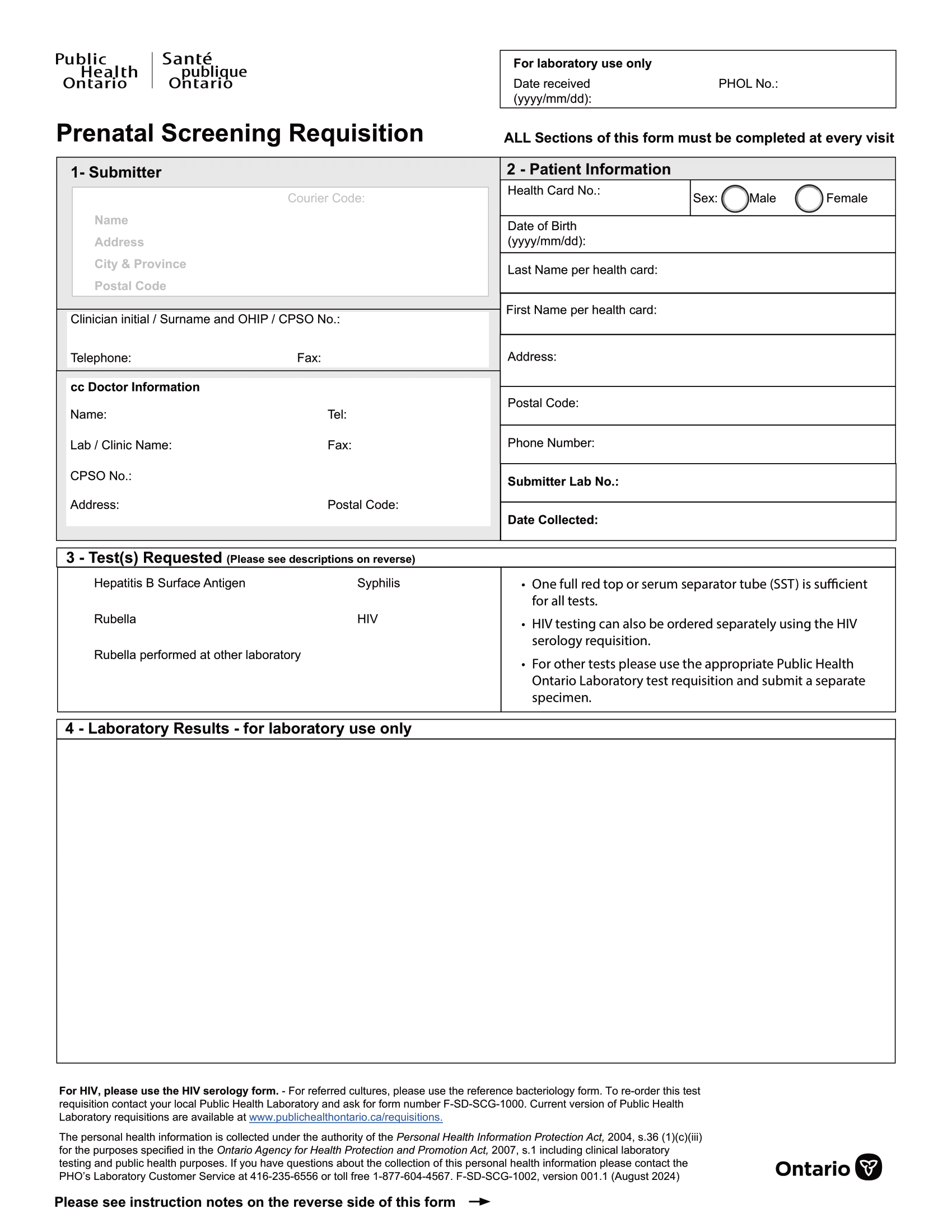 Public Health Ontario – Prenatal Screening Requisition – With Instructions