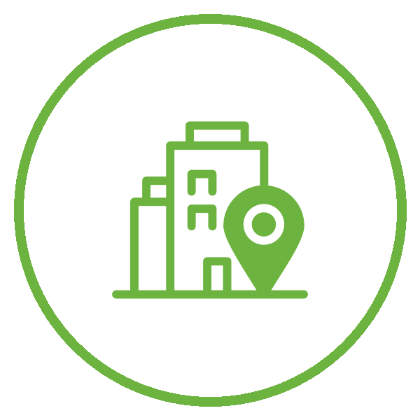 Building with location pin icon